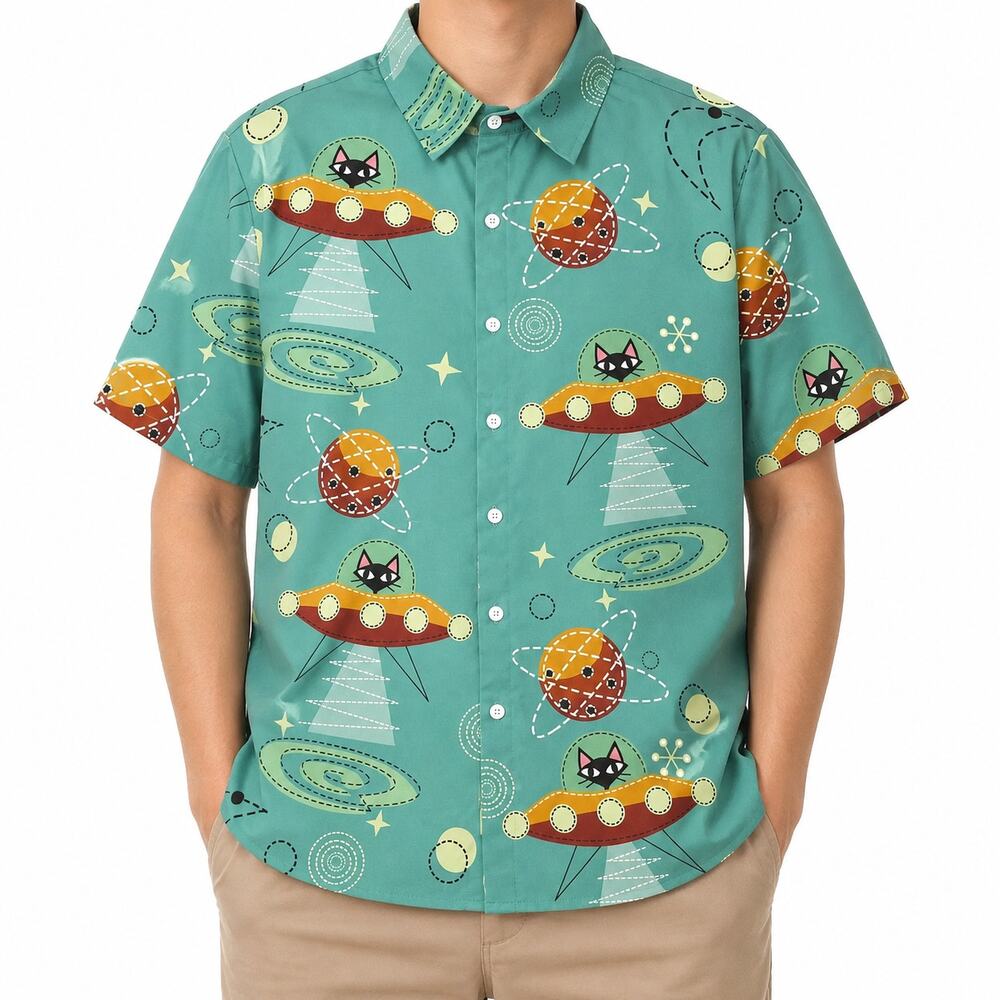 Hawalili Shirt Mens Large Green UFO Cat Short Sleeve Classic Button-Up